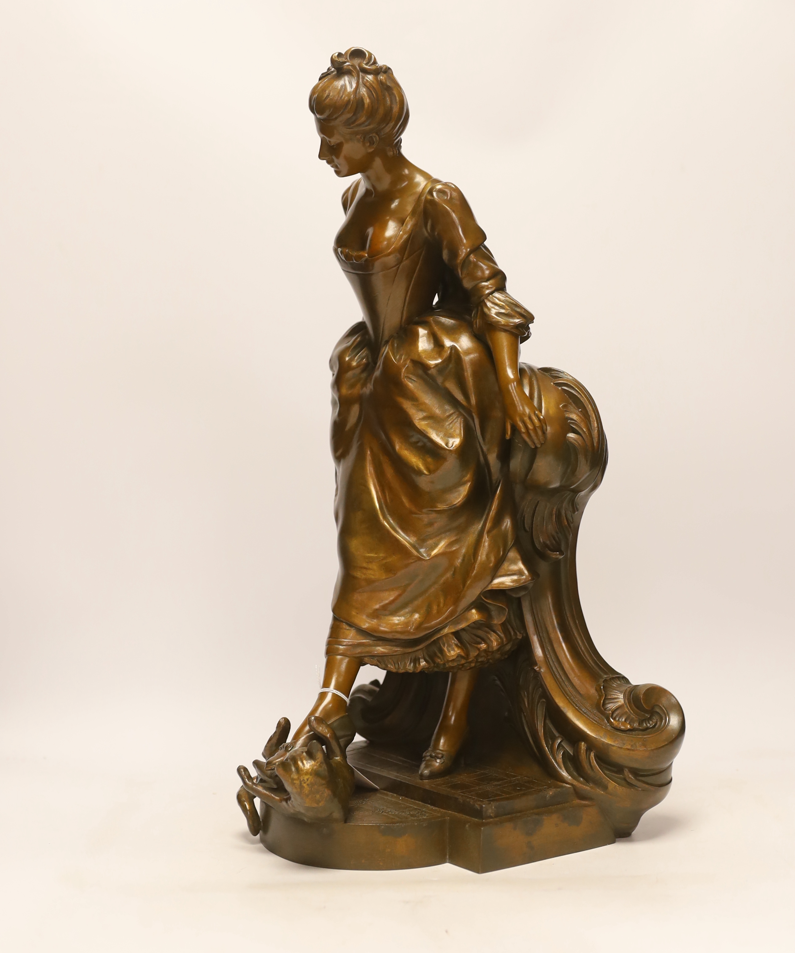 Henri-Emile Allouard (1844-1929), a bronzed spelter figure of a lady and a cat, foundry mark, 61cm